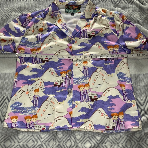 MUKZIN Adventure in Space Purple Print Button Up Long Sleeve Top Size L - Picture 3 of 12